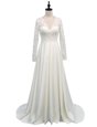 Fitting White V-neck Neckline Lace Wedding Gowns Long Sleeves Clasp Handle