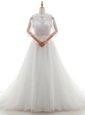 New Arrival Scoop White Organza Clasp Handle Wedding Gown 3|4 Length Sleeve With Brush Train Beading and Lace