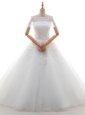 White Tulle Lace Up Wedding Dress Cap Sleeves With Train Court Train Lace and Bowknot