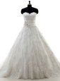 Delicate White Sleeveless Brush Train Lace and Appliques Bridal Gown
