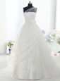 Beautiful One Shoulder With Train Ball Gowns Sleeveless White Wedding Dress Brush Train Lace Up