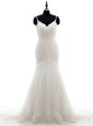 Modern Mermaid Lace Sleeveless With Train Wedding Gowns Brush Train and Lace