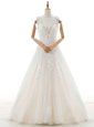 With Train White Wedding Gowns V-neck Sleeveless Court Train Zipper