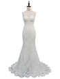 Fashionable Mermaid Sleeveless With Train Lace Backless Wedding Gowns with White Brush Train