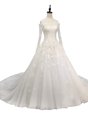 White A-line Tulle Off The Shoulder Long Sleeves Lace and Appliques With Train Zipper Wedding Dress Chapel Train