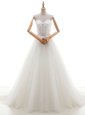 Spectacular Sleeveless With Train Beading and Appliques Lace Up Wedding Dress with White Brush Train