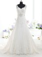 Custom Made Mermaid Lace Scoop Sleeveless Brush Train Clasp Handle Beading and Lace Wedding Gown in White