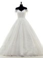 Exceptional Off The Shoulder Short Sleeves Brush Train Clasp Handle Wedding Dress White Tulle and Lace