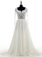 Fashionable Scoop Long Sleeves Satin Bridal Gown Lace Brush Train Backless