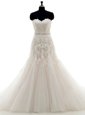 New Arrival Mermaid Tulle Sleeveless With Train Wedding Dress Brush Train and Appliques