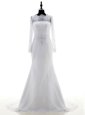 Inexpensive Long Sleeves Lace With Brush Train Zipper Wedding Dress in White for with Appliques