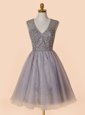 Fitting V-neck Sleeveless Club Wear Knee Length Sequins Grey Organza