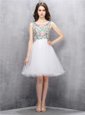 White A-line Tulle Scoop Sleeveless Beading and Embroidery Knee Length Zipper Prom Dress