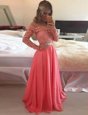 Watermelon Red A-line Scoop Long Sleeves Chiffon Floor Length Zipper Beading and Appliques Prom Party Dress