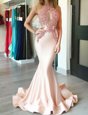 Mermaid Halter Top Peach Sleeveless With Train Appliques Zipper Red Carpet Prom Dress