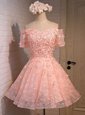 Dramatic Peach A-line Off The Shoulder Sleeveless Lace Mini Length Lace Up Appliques Prom Dress