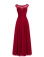 Modern Scoop Wine Red Cap Sleeves Floor Length Appliques Zipper Evening Dress