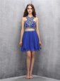 Scoop Beading Dress for Prom Royal Blue Criss Cross Sleeveless Knee Length