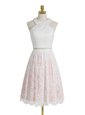 Flare Lace Pink And White Prom Gown Prom and For with Beading Halter Top Sleeveless Zipper