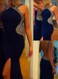 Simple Navy Blue Mermaid Beading Prom Party Dress Backless Chiffon Sleeveless
