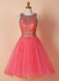 Watermelon Red Tulle Zipper Scoop Sleeveless Knee Length Beading