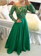 Taffeta Scoop Long Sleeves Side Zipper Beading and Appliques Prom Gown in Green