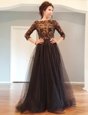 Floor Length Backless Mother Of The Bride Dress Black and In for Prom and Party with Beading and Lace