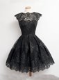 Lace Black Scoop Zipper Appliques Prom Evening Gown Cap Sleeves