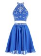 Blue A-line Chiffon High-neck Sleeveless Beading Mini Length Zipper Oscars Dresses