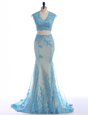 Mermaid Blue Zipper Dress for Prom Lace Sleeveless With Brush Train