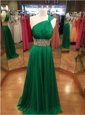 Dynamic One Shoulder Green Sleeveless With Train Beading Backless Evening Dress