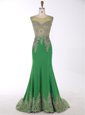Mermaid Scoop Sleeveless Beading and Appliques Zipper with Green Brush Train