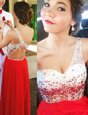 Custom Made A-line Red One Shoulder Chiffon Sleeveless Floor Length Backless