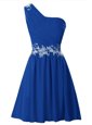 Super A-line Homecoming Gowns Royal Blue One Shoulder Chiffon Sleeveless Mini Length Zipper
