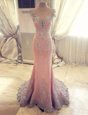 Mermaid Rose Pink Clasp Handle Prom Evening Gown Beading and Appliques Cap Sleeves With Train Watteau Train