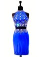 Elegant Royal Blue Elastic Woven Satin Zipper High-neck Sleeveless Mini Length Celebrity Dress Beading