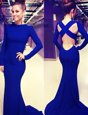 Scoop Mermaid Long Sleeves Royal Blue Celebrity Evening Dresses Brush Train Criss Cross