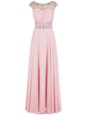 Baby Pink A-line Scoop Sleeveless Chiffon Floor Length Zipper Beading Prom Party Dress