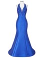 Halter Top Royal Blue Mermaid Beading Oscars Dresses Lace Up Satin Sleeveless Floor Length