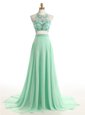 Perfect Halter Top Sleeveless Chiffon Brush Train Zipper Prom Gown in Apple Green for with Beading
