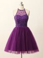Top Selling Sequins A-line Cocktail Dresses Purple Halter Top Tulle Sleeveless Mini Length Zipper