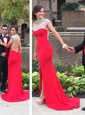 Fabulous Chiffon High-neck Cap Sleeves Court Train Backless Beading Prom Party Dress in Coral Red