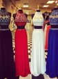 Navy Blue High-neck Backless Beading Prom Party Dress Sweep Train Sleeveless