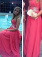 Amazing Backless Hot Pink Sleeveless Beading Floor Length Dress for Prom