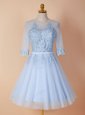 Fantastic Scoop Backless Knee Length Light Blue Prom Dresses Organza Half Sleeves Appliques