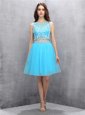 Fitting Scoop Sleeveless Organza Prom Evening Gown Beading Backless