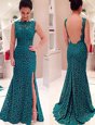 Mermaid Scalloped Sleeveless Backless Prom Dresses Teal Lace