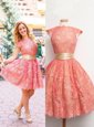 Scoop Knee Length Watermelon Red Prom Dresses Lace Cap Sleeves Lace