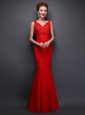 Mermaid Sleeveless Lace Floor Length Lace Up Prom Evening Gown in Red for with Beading and Appliques