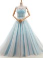 Unique Scoop Sleeveless Prom Party Dress With Train Court Train Beading Light Blue Tulle